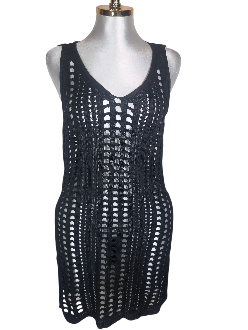 Black Crochet V-Neck Swim Cover-Up Dress. Size S